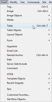 insert table dreamweaver